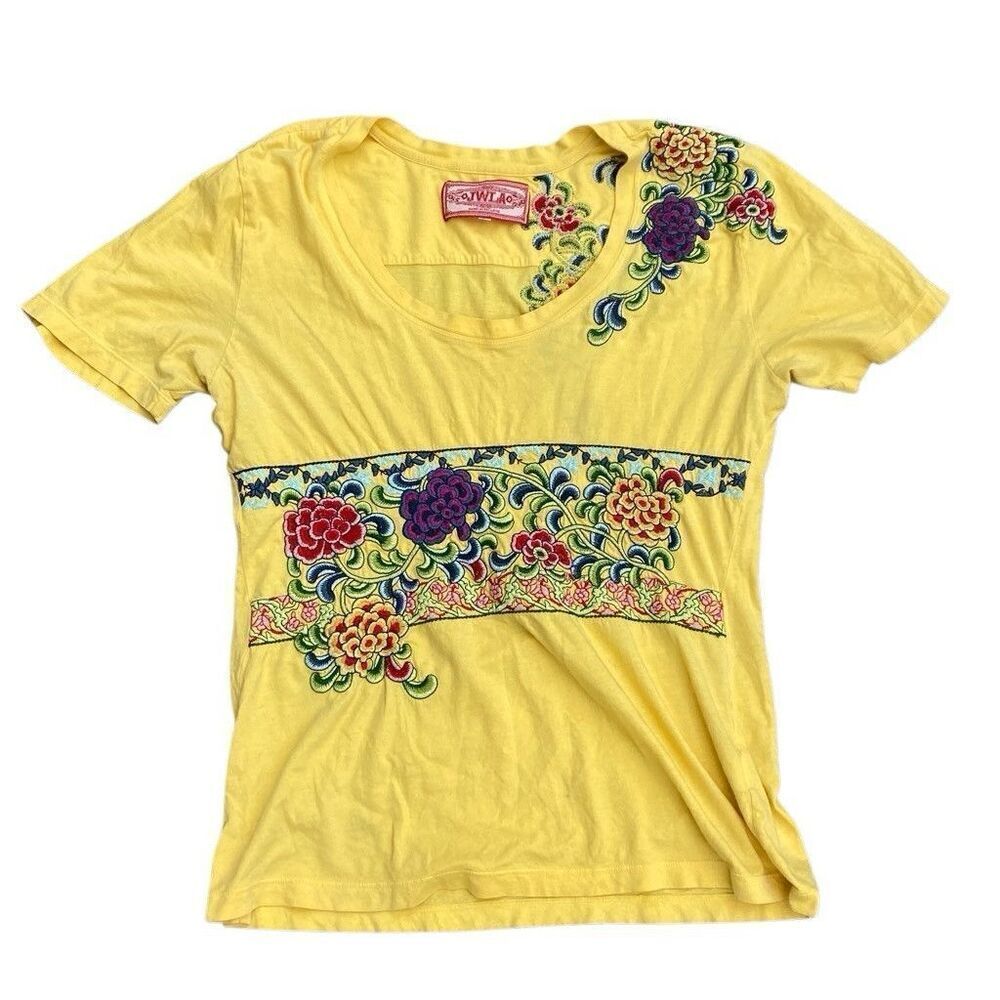 Johnny Was Yellow Short Sleeve Tee with Multicolor Floral Embroidery